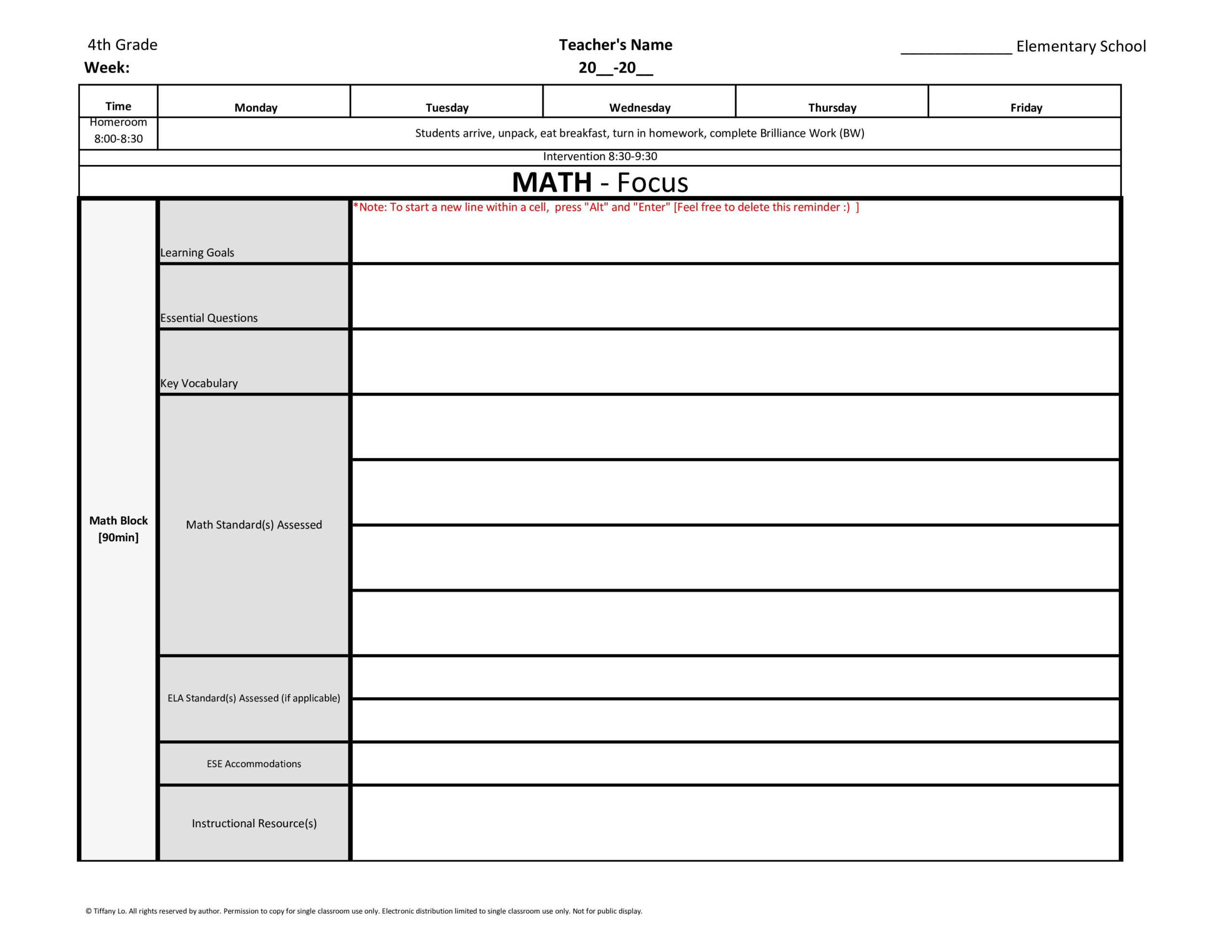 4th Fourth Grade Common Core Weekly Lesson Plan Template W Drop Down 