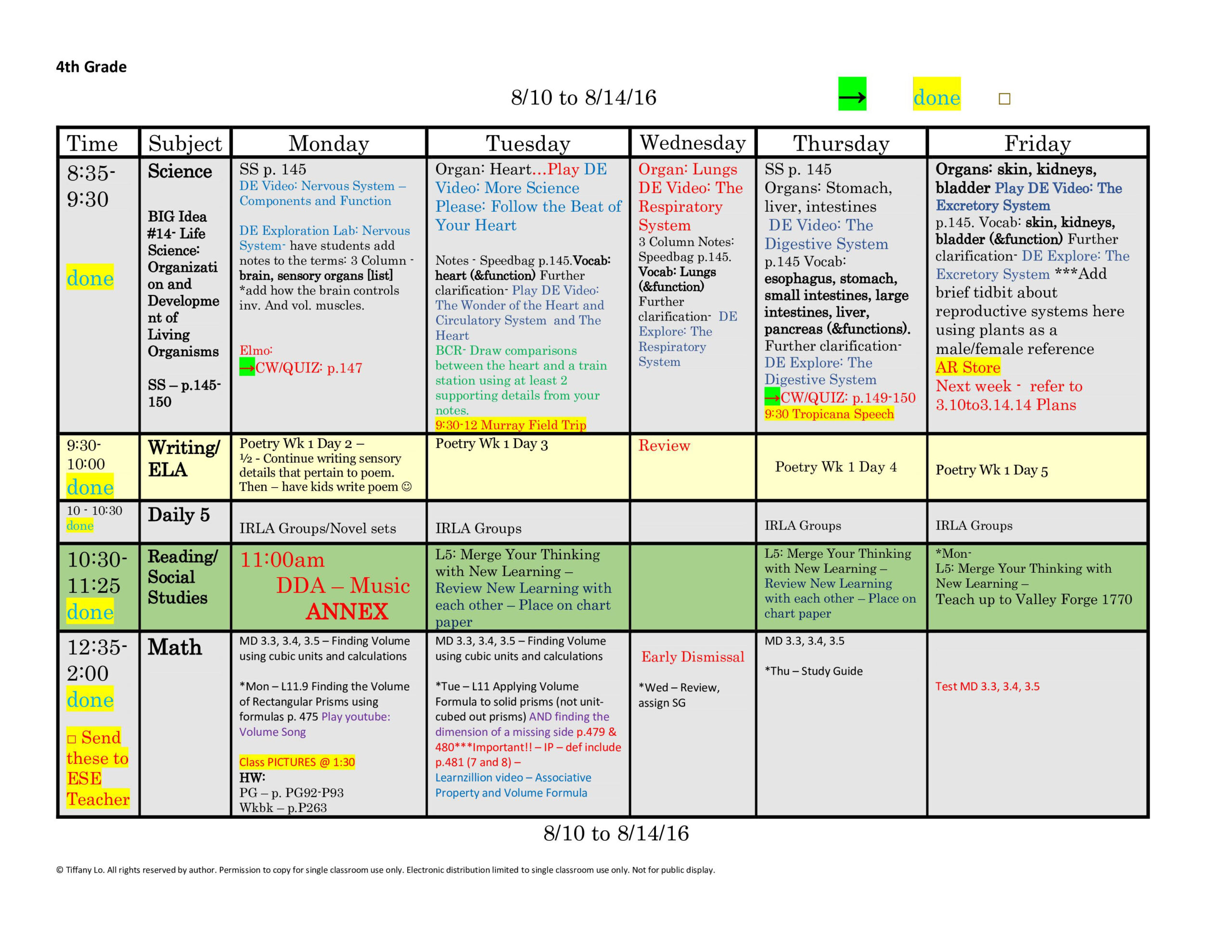 4th Fourth Grade Lesson Plan Template One Week One Page Glance Of All 