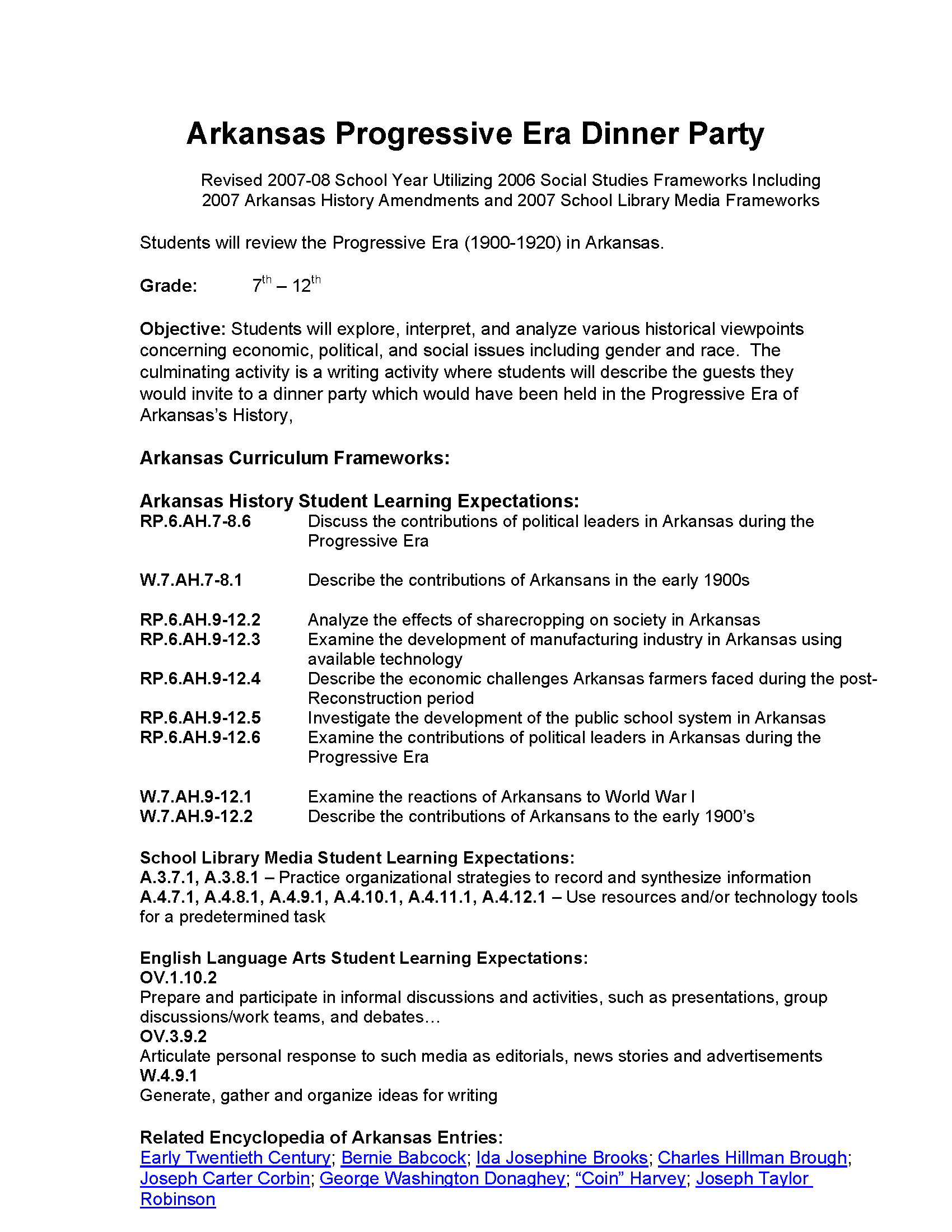 Arkansas Progressive Era Dinner Party Lesson Plans Arkansas Studies 