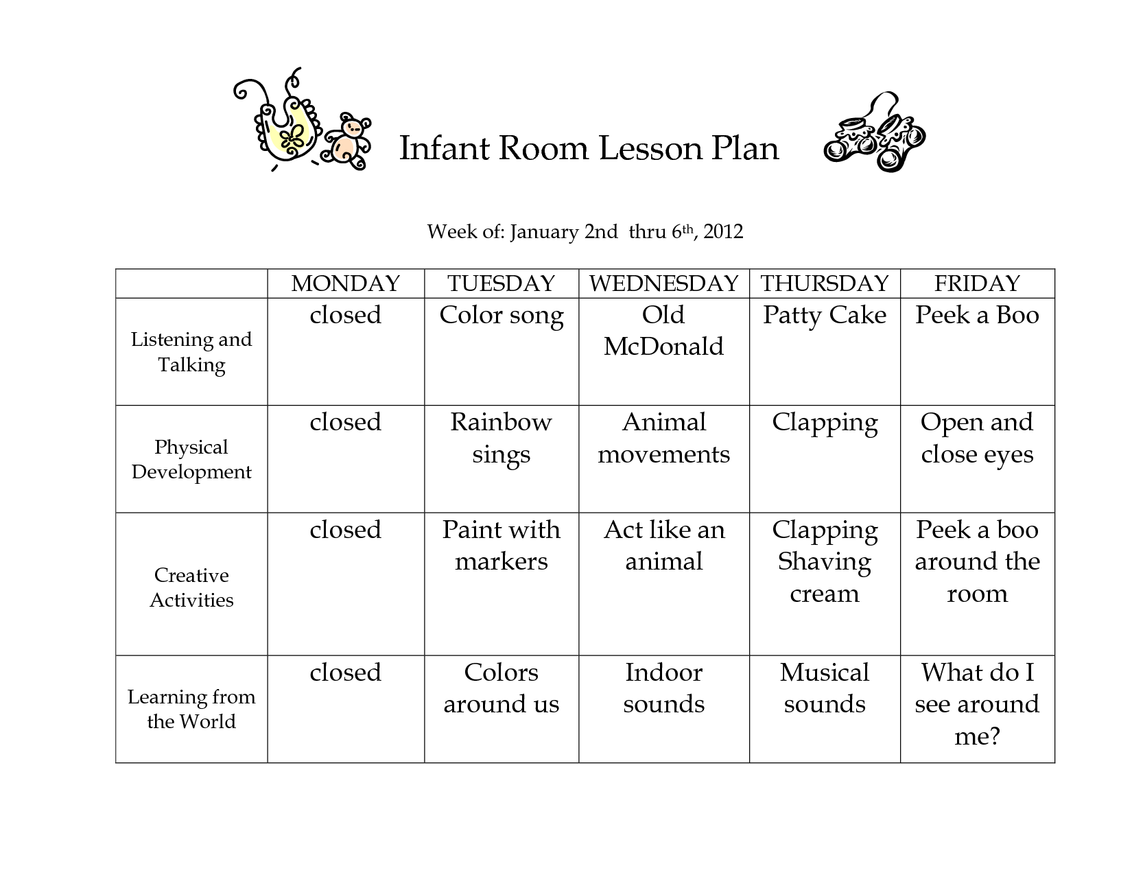 Infant Blank Lesson Plan Sheets Infant Room Lesson Plan Week Of 