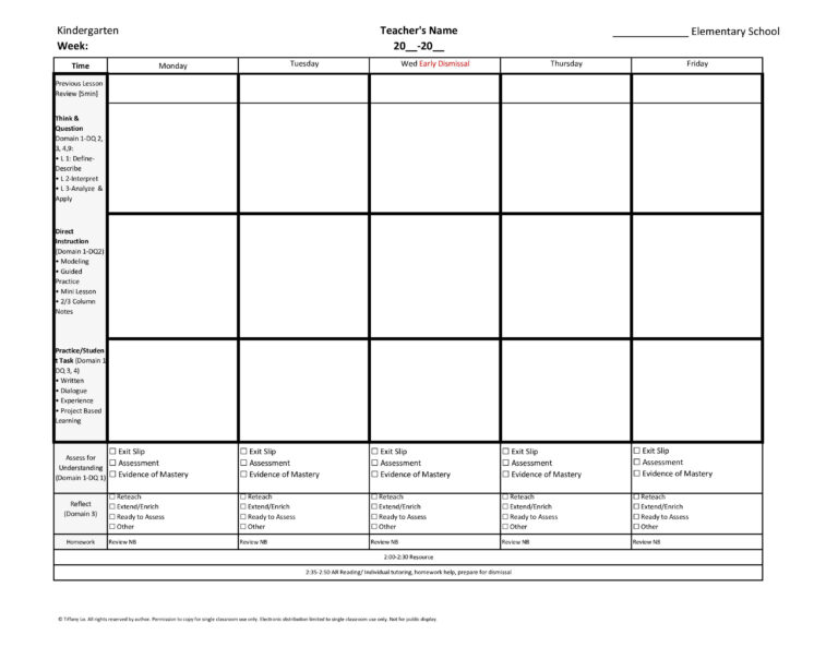 Kindergarten Weekly Lesson Plan Template W Florida Standards Drop Down ...