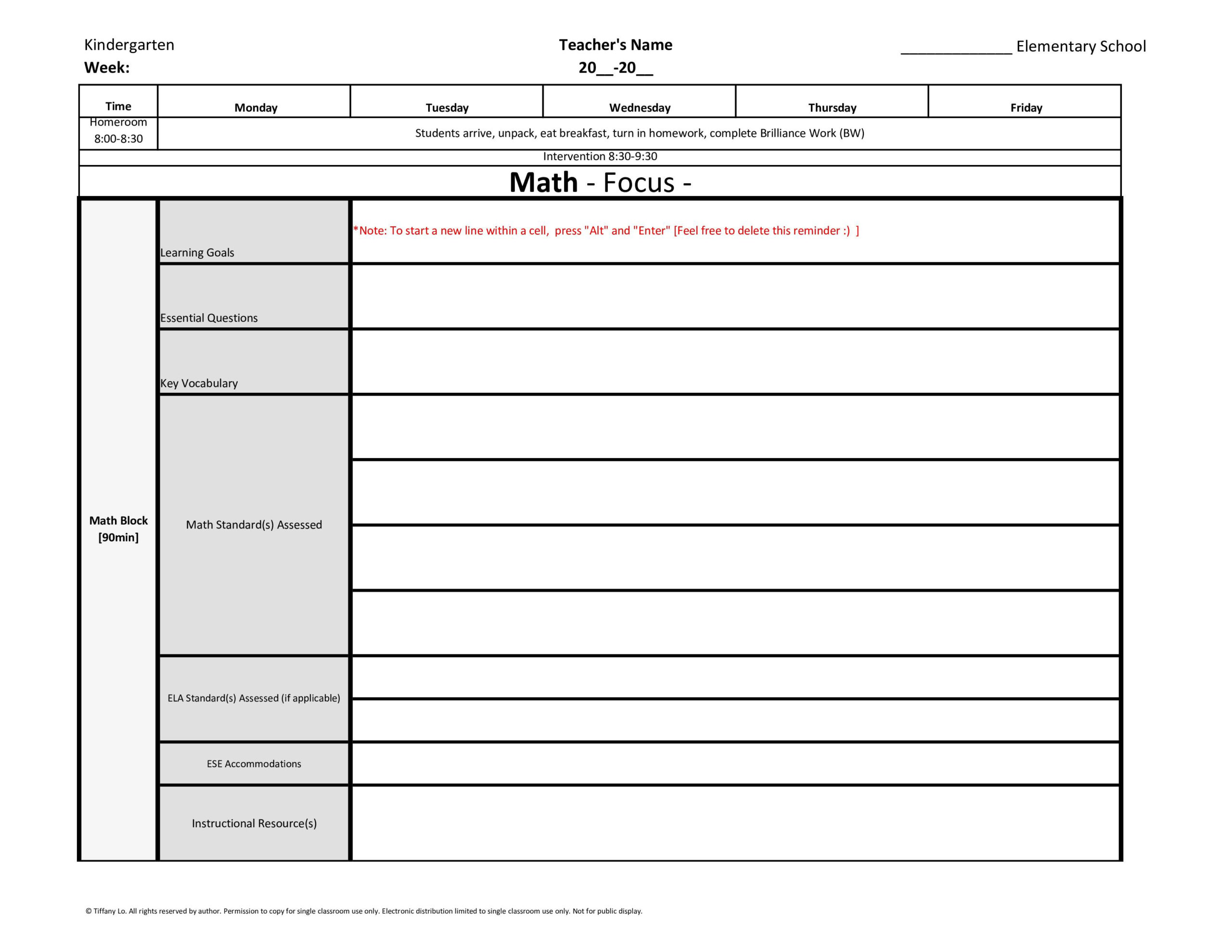 Kindergarten Weekly Lesson Plan Template W Florida Standards Drop Down 