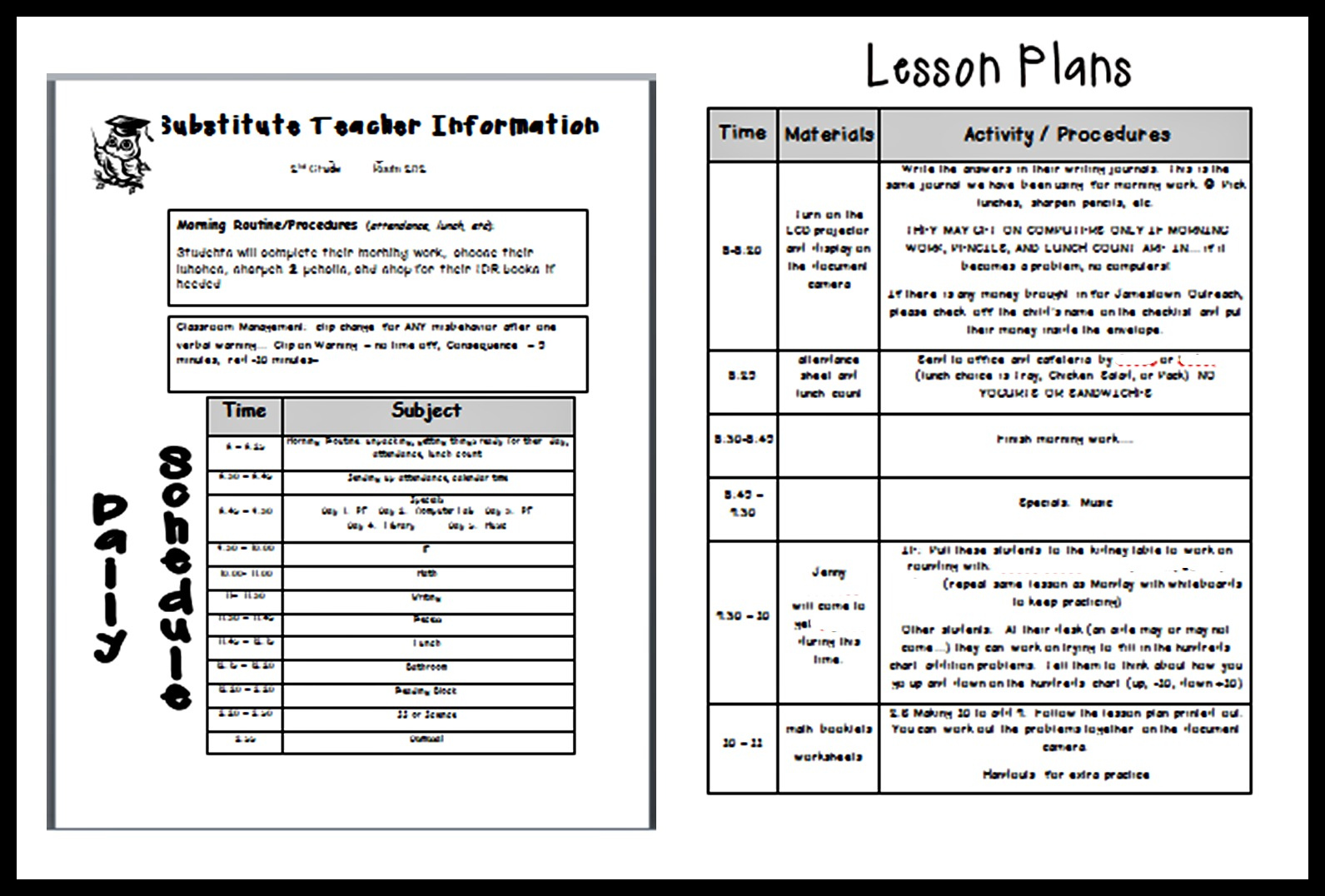 Lesson Plan Template For Substitute Teacher Printable Schedule Template