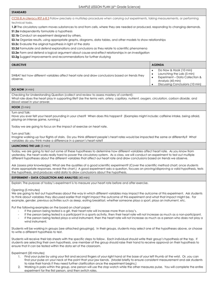 SAMPLE LESSON PLAN 6th Grade Science STANDARD CCSS | Printable Lesson Plans