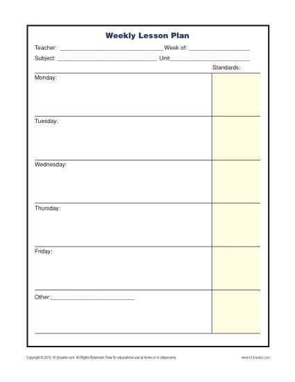 Weekly Lesson Plan Template With Standards Elementary Teacher 